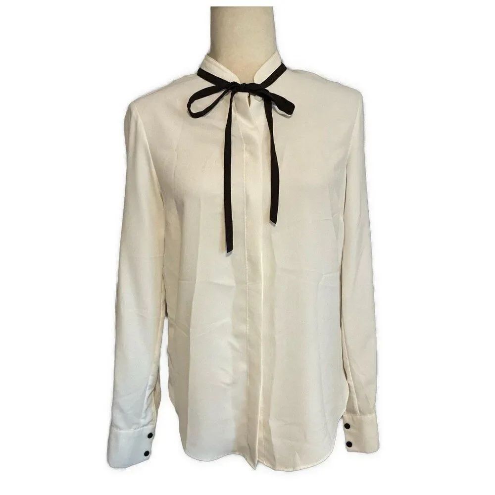 H&M White Black Long Sleeve Button Down Blouse Top 2 Xs